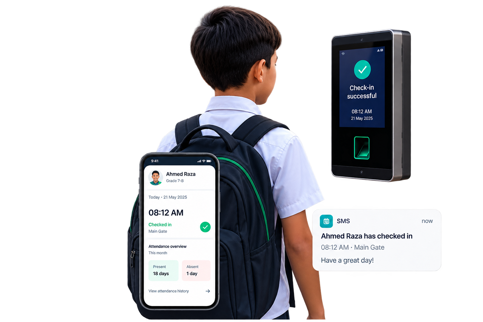 A student arriving at the school gate: the attendance terminal confirms the check-in, and the same arrival appears on a parent's phone.